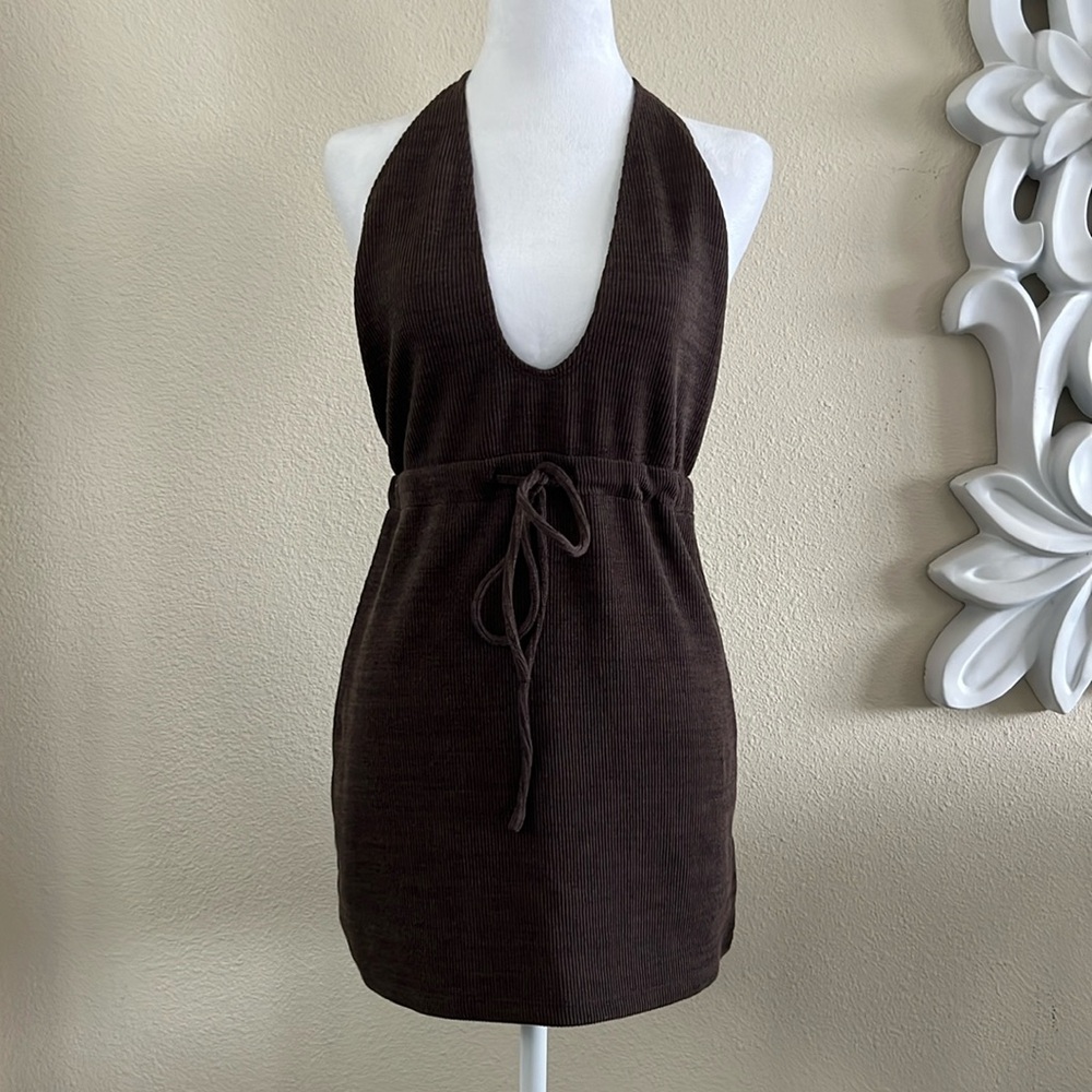 white fox halter knit mini dress